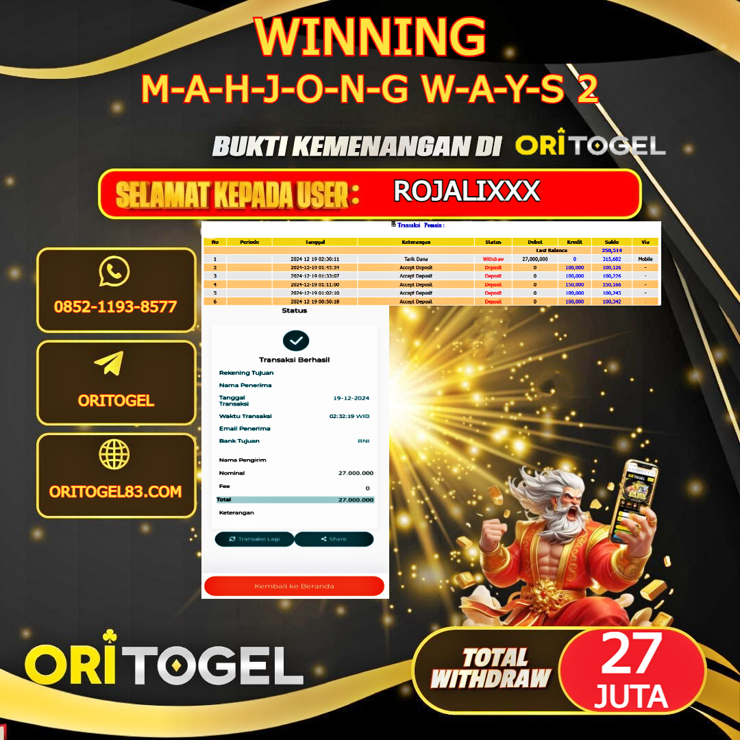 ORITOGEL JACKPOT SLOT MAHJONG WAYS 2 RP.27.000.000,- LUNAS USER ID : ROJALI****