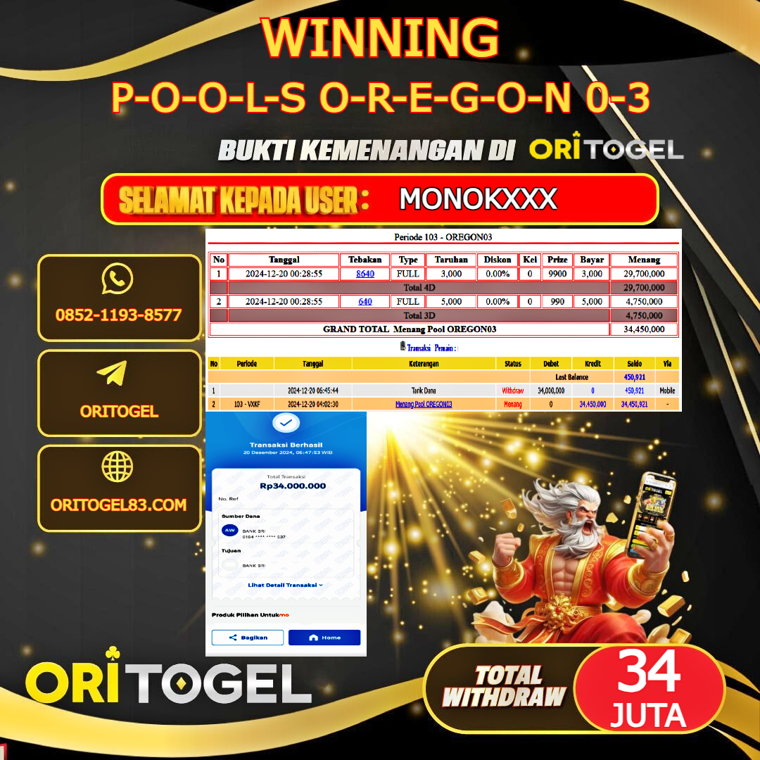 ORITOGEL JACKPOT TOGEL OREGON 03 RP.34.000.000,- LUNAS USER ID : MONOK***