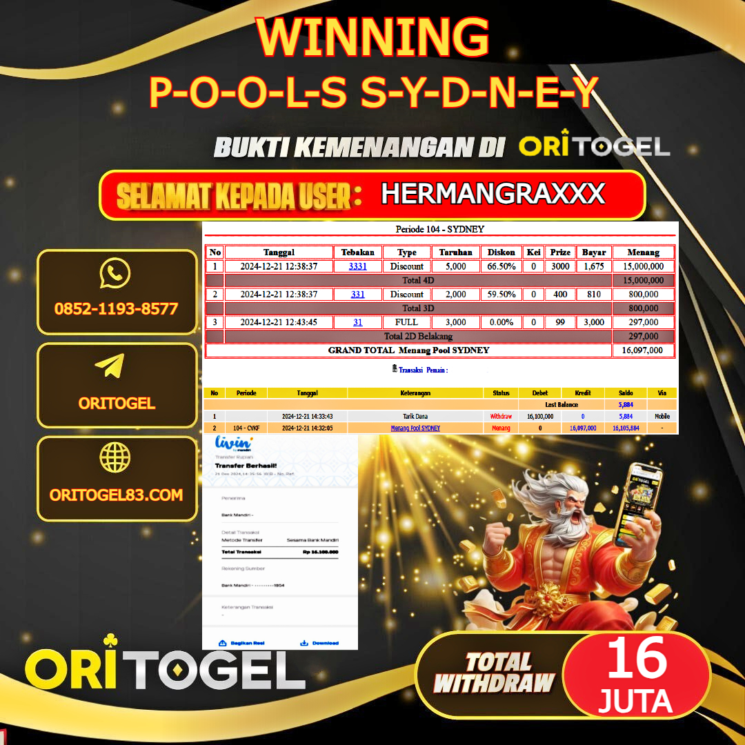 ORITOGEL JACKPOT TOGEL SYDNEY RP.16.100.000,- LUNAS USER ID : HERMANGRA***