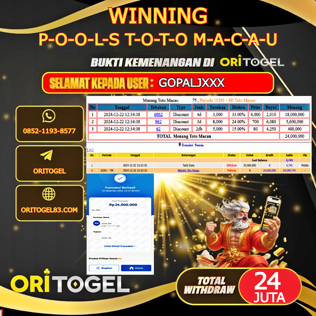 ORITOGEL JACKPOT TOGEL TOTOMACAU RP.24.000.000,- LUNAS USER ID : GOPALJ***