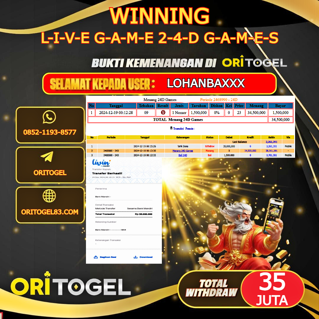 ORITOGEL JACKPOT LIVE GAME 24D GAMES RP.35.000.000,- LUNAS USER ID : LOHANBA****