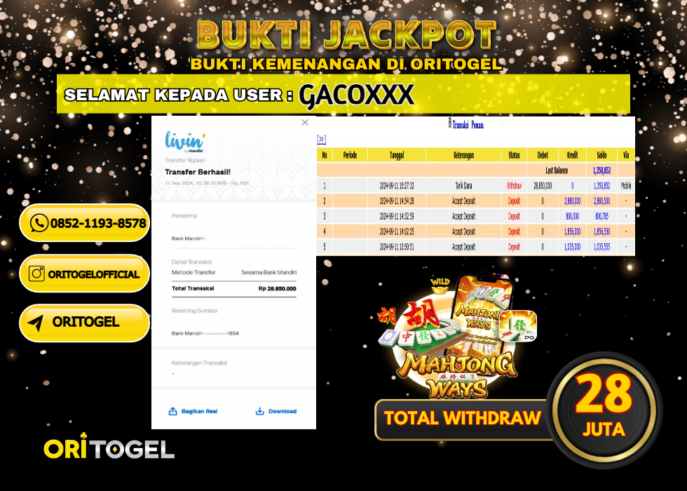 ORITOGEL  JACKPOT SLOT MAHJONG WAYS  RP.28.000.000,- LUNAS USER ID : GACO****