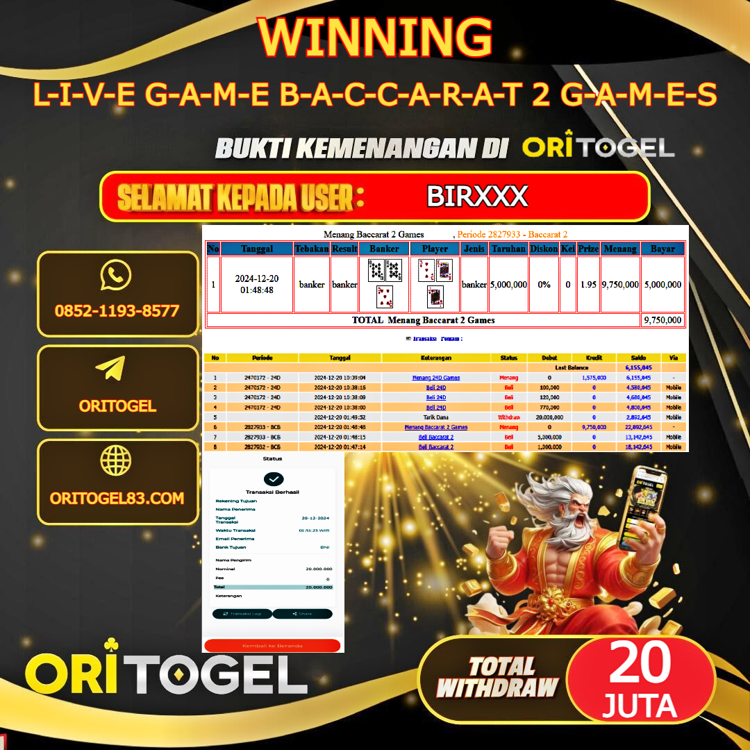 ORITOGEL JACKPOT LIVE GAME BACCARAT 2 GAMES RP.20.000.000,- LUNAS USER ID : BIR***