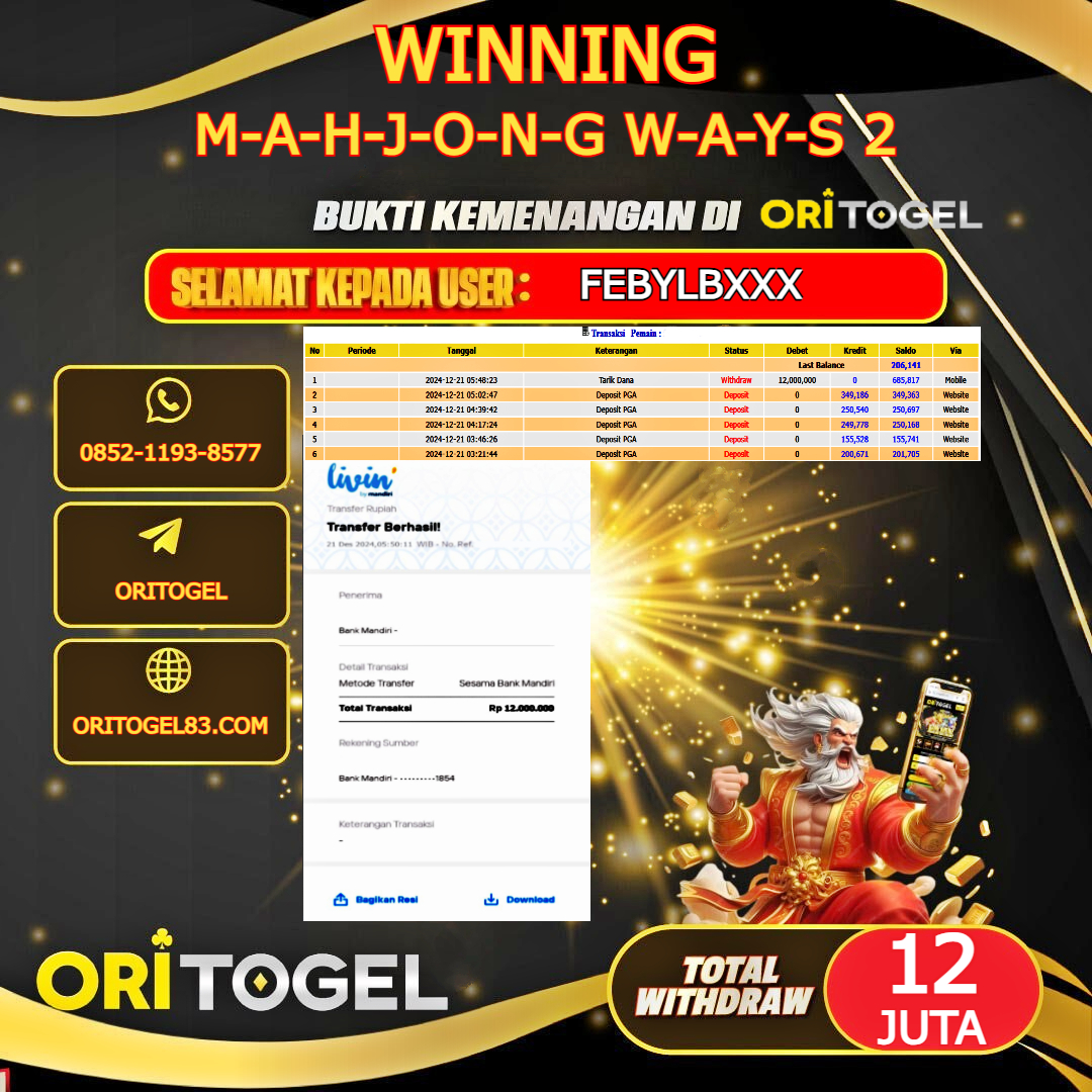 ORITOGEL JACKPOT SLOT MAHJONG WAYS 2 RP.12.000.000,- LUNAS USER ID : FEBYLB***