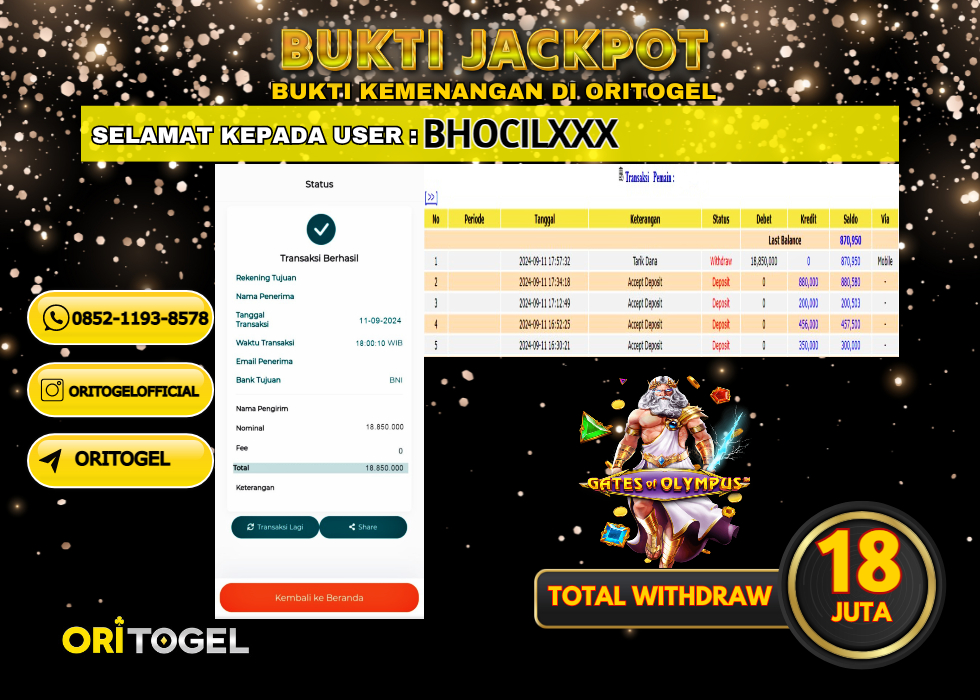 ORITOGEL  JACKPOT SLOT GATES OF OLYMPUS  RP.18.850.000,- LUNAS USER ID : BHOCIL****