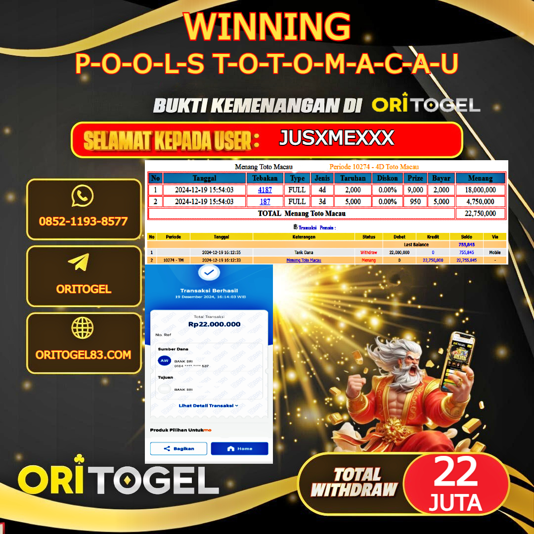 ORITOGEL JACKPOT TOGEL TOTO MACAU RP.22.000.000,- LUNAS USER ID : JUSXME****