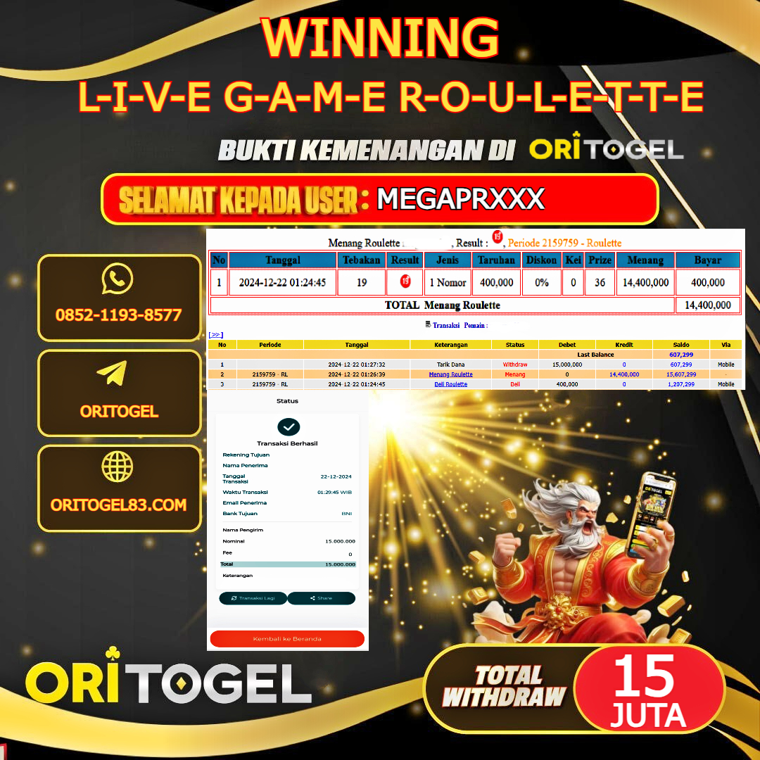 ORITOGEL JACKPOT LIVE GAME ROULETTE RP.15.000.000,- LUNAS USER ID : MEGAPR***