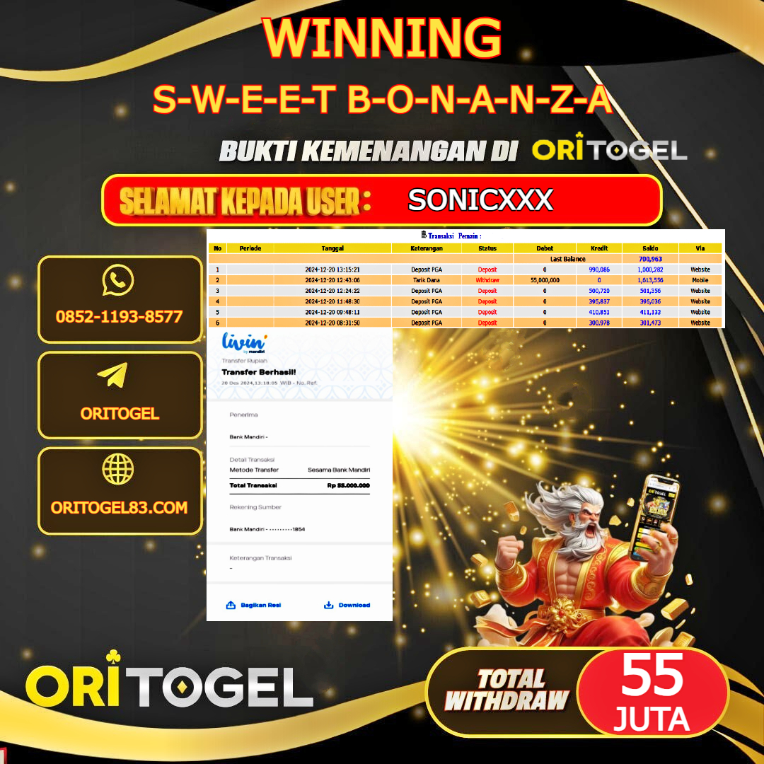 ORITOGEL JACKPOT SLOT SWEET BONANZA RP.55.000.000,- LUNAS USER ID : SONIC****