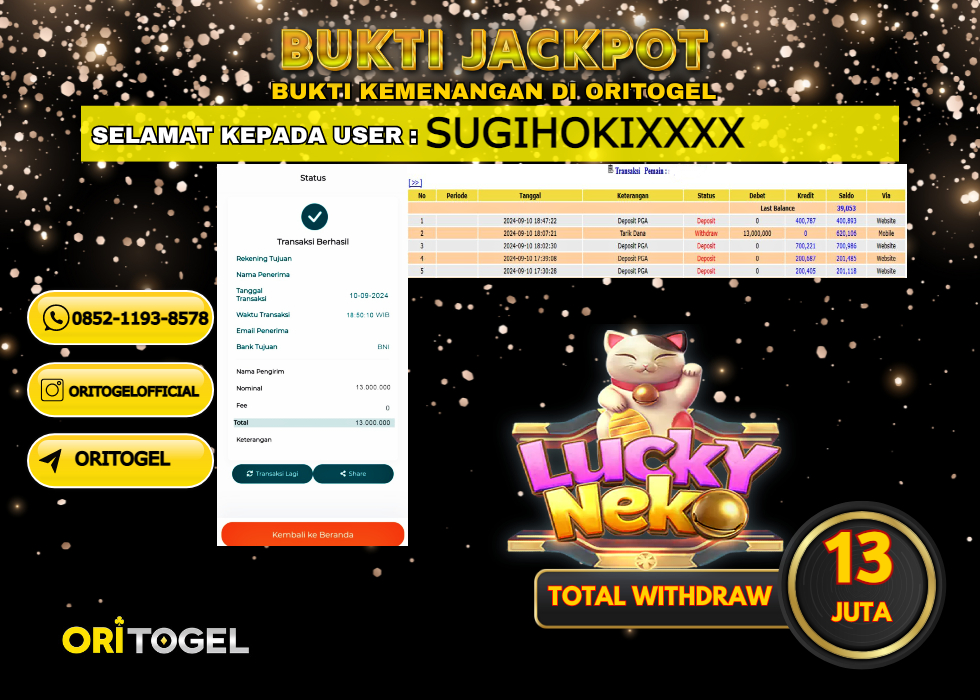 ORITOGEL  JACKPOT SLOT LUCKY NEKO RP.13.000.000,- LUNAS USER ID : SUGIHHOKI***