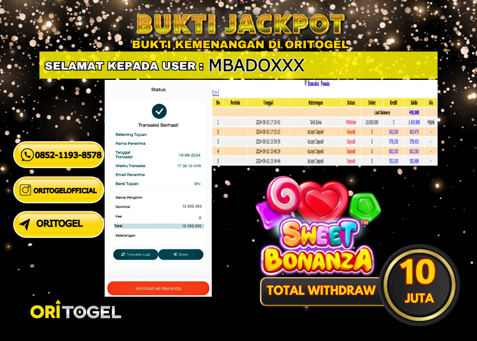 ORITOGEL  JACKPOT SLOT SWEET BONANZA RP.10.000.000,- LUNAS USER ID : MBADO***