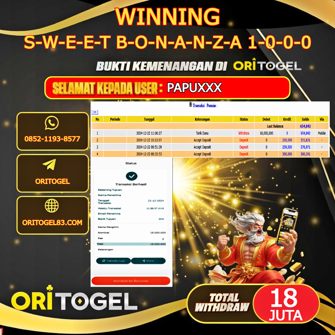 ORITOGEL JACKPOT SLOT SWEET BONANZA 1000 RP.18.000.000,- LUNAS USER ID : PAPU****