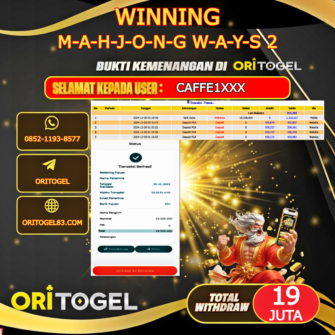 ORITOGEL JACKPOT SLOT MAHJONG WAYS 2 RP.19.500.000,- LUNAS USER ID : CAFFE1****