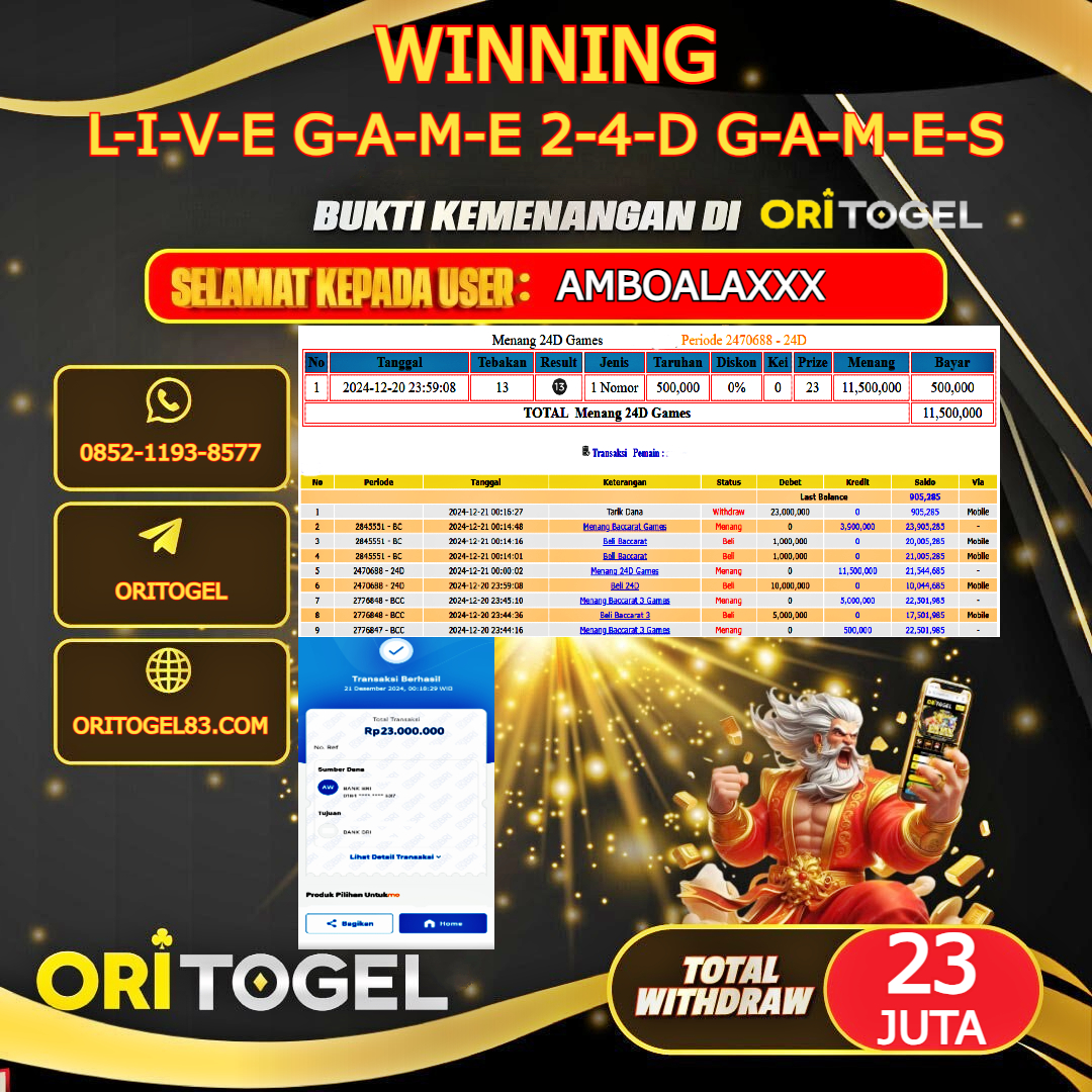 ORITOGEL JACKPOT LIVE GAME 24D GAMES RP.23.000.000,- LUNAS USER ID : AMBOALA***